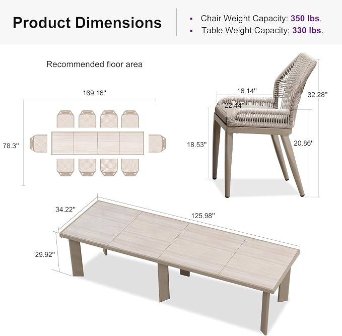 PURPLE LEAF 11 Pieces Patio Dining Set Aluminum Modern Rectangular Table and Wicker Chairs with Cushions for Kitchen Porch Garden Outdoor Furniture Sets, Champagne