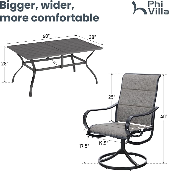 PHI VILLA Outdoor Dining Set for 6, Swivel Padded Textilene Chairs, Brown | 7 piece patio furniture set Includes rectangle metal table and breathable high back chairs, weather-resistant, deck, backyard