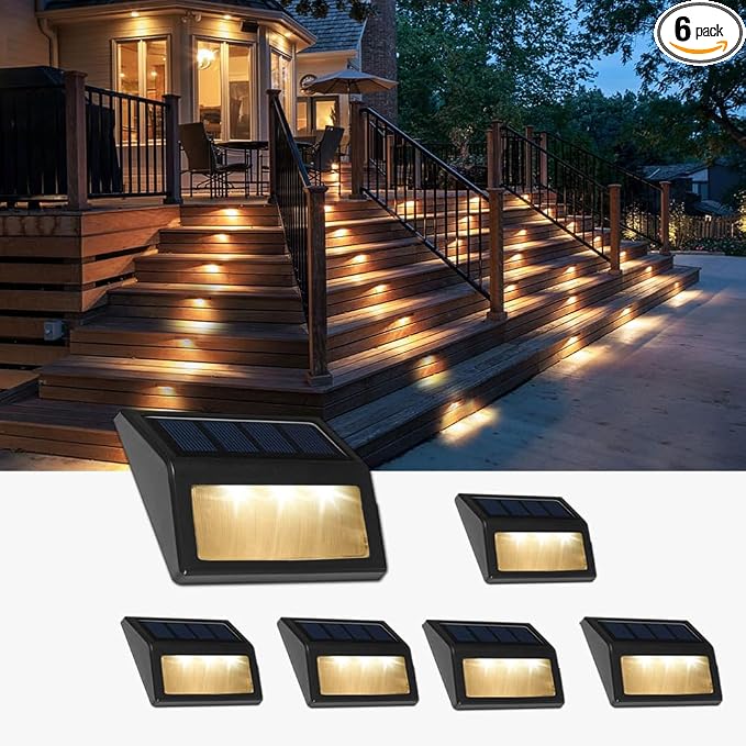 Solar Lights Outdoor, Waterproof Solar Powered Deck Step Lights for Patio Garden Backyard Garage Driveway Pathway Outside Wall Lighting (Warm White, 6 Pack)