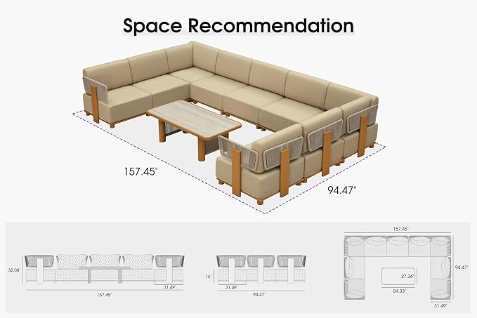 PURPLE LEAF Patio Furniture Set Modular U-Shaped Outdoor Sectional Sofa with 11" Thick Olefin Cushion 10-Piece Outdoor Conversation Set with Table for Backyard Garden Poolside, Beige