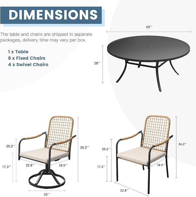 DIFY 11 Pieces Outdoor Dining Set for 10, Patio Furniture Set of 10 Wicker Patio Chairs with Soft Cushions and 63" Black Round Metal Table with Umbrella Hole, for Backyard Garden Deck, Wheat Rattan