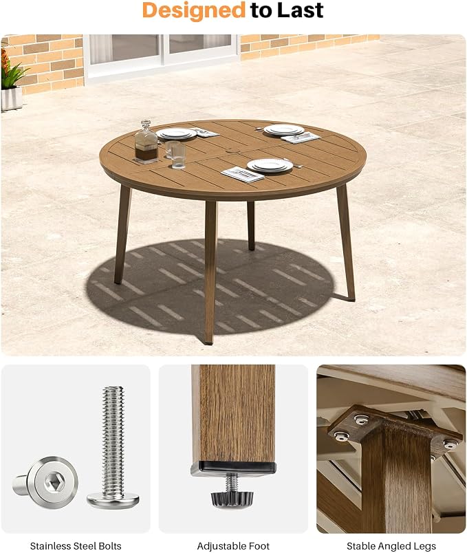 51-Inch Round Outdoor Dining Table, Aluminum Patio Dining Table with Umbrella Hole, Outdoor Round Dining Table for 6, Never-Rust Patio Table for Lawn, Backyard, Deck, and Garden, Teak