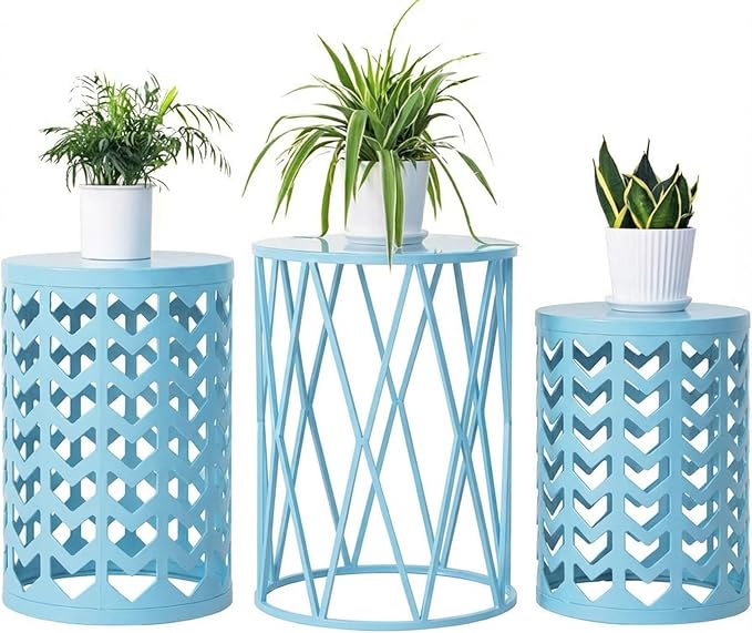 Y&M Set of 3 Stacking Coffee Table for Living Room, Patio Side Table,Indoor End Tables for Bedroom, Outdoor Decorative Garden Stool with Heavy Duty Metal Frame Modern Industrial Decor - Light Blue