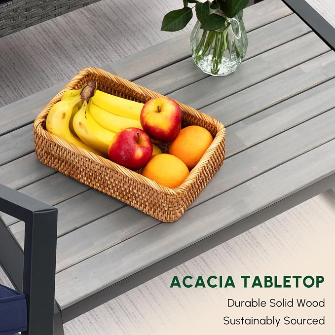 BEEFURNI Wicker Patio Furniture Outdoor Conversation Set of 4, Rattan Outdoor Furniture Set, Acacia Wood Table, 2 Chairs, 1 Loveseat, 2โ Cushions, All Weather Set for Patio, Porch, Balcony (Gray)