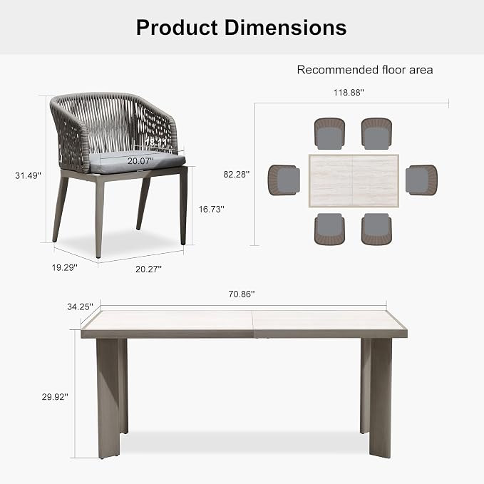 PURPLE LEAF 7 Pieces Outdoor Dining Set Patio Table and Chairs Set for 6 Aluminum Wicker Rattan Patio Furniture Set for Lawn Garden Porch Grey