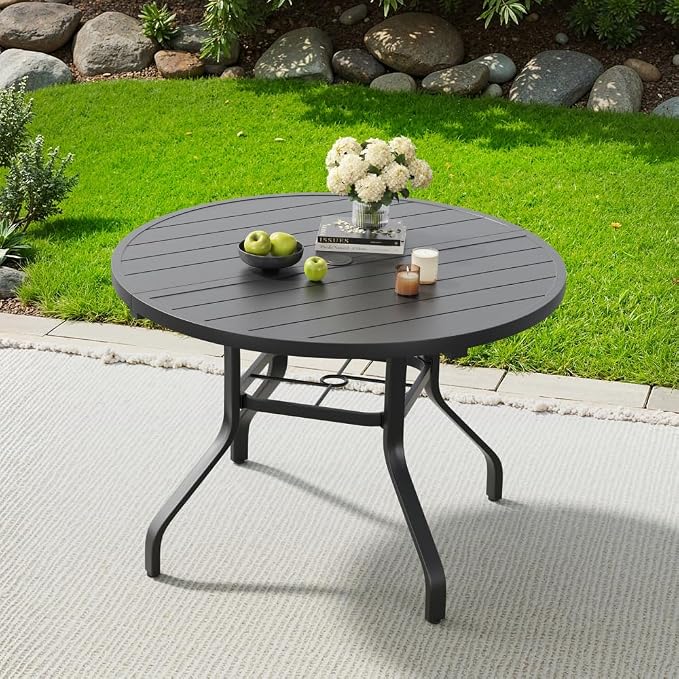 41" Round Outdoor Dining Table, Wood-Like Grain with 1.57" Umbrella Hole, for Backyard and Poolside (Black + Metal & Wood)