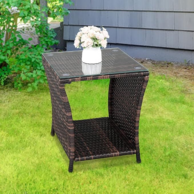 Wicker Rattan Side Table, Outdoor Square Rattan Coffee Table End Table Patio Wicker Table with Tempered Glass Top and Storage for Garden Porch Deck Backyard (Brown)
