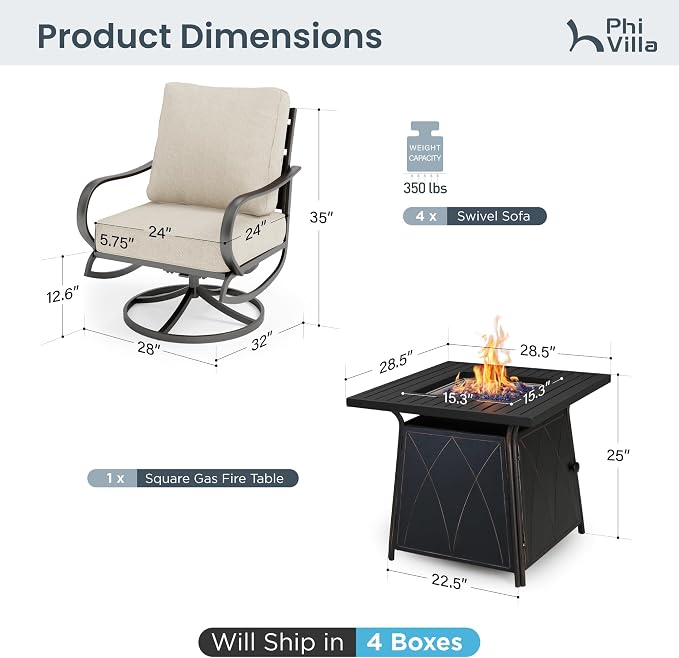 PHI VILLA 5 Piece Patio Furniture Set with 28" Firepit Table, 4 Outdoor 5.75" Cushioned Metal Frame Swivel Sofa Chairs & 28" Gas Firepit Table, Outside Furniture Set for Lawn Garden(Beige)