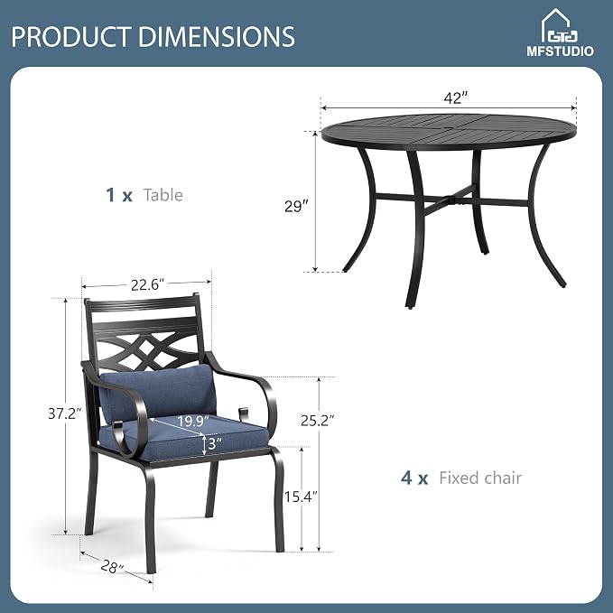 MFSTUDIO 5-Piece Patio Dining Set, 42" Round Metal Table, Fixed Chairs | Umbrella Hole, Blue