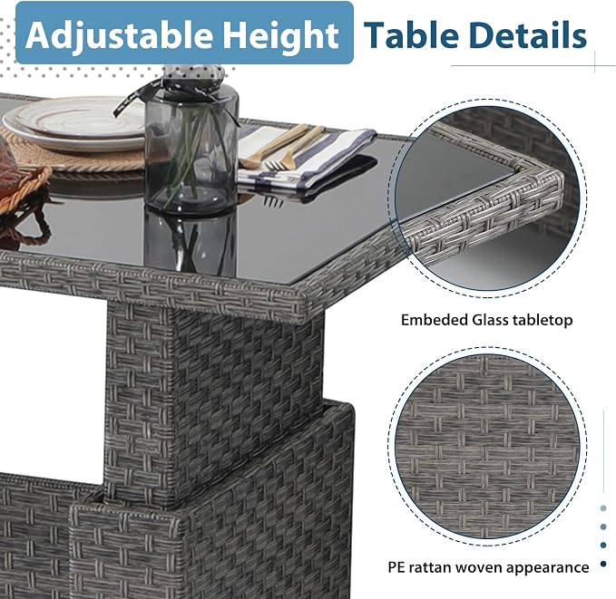 JOIVI 7 Piece Outdoor Patio Furniture Set with Adjustable Height Dining Table, Rattan Outdoor Sectional Sofa Conversation Set, PE Wicker L-Shaped Patio Furniture for Garden, Backyard, Deck, Gray