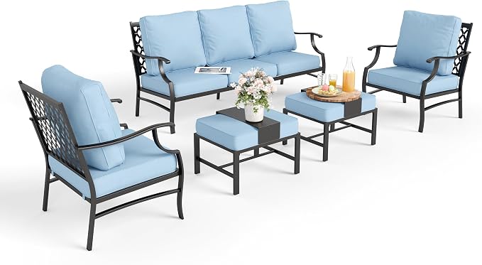 MIXPATIO Patio Furniture Set 5 pcs, Outdoor Patio Furniture, 3-Seat Sofa, 2 Single Chairs, 2 Ottomans and 5.75" Extra Thick Cushion, Patio Conversation Set for Garden Backyard Deck,Blue