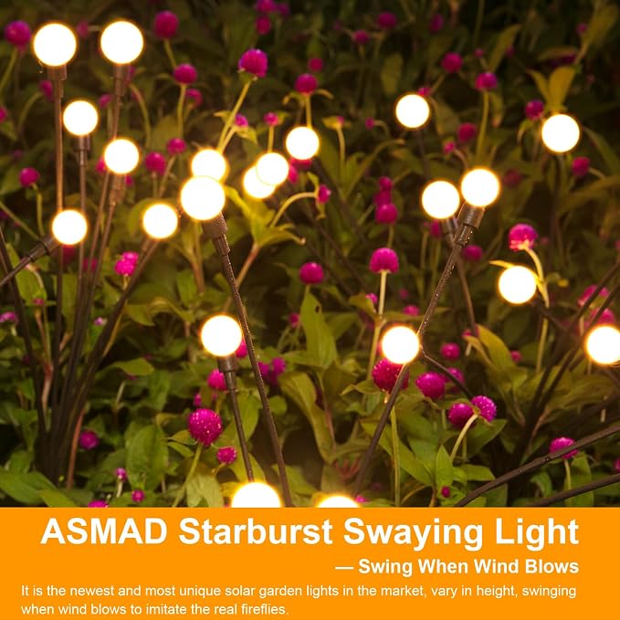 ASMAD Solar Lights Outdoor(6 Pack-48 LEDs),Solar Garden Lights,Fairy Lights | Firefly Light for Garden Decor, Outdoor lights, Outdoor Decor, Patio Decor, Gifts for Women, Gifts for Grandma, Big Bulb