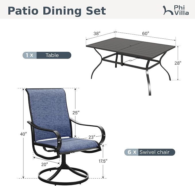 PHI VILLA Outdoor Dining Set for 6, Swivel Mesh Chairs & Metal Table, Blue | 60'' metal rectangular table with umbrella hole and 6 breathable textilene patio chairs, designed for deck, backyard, garden