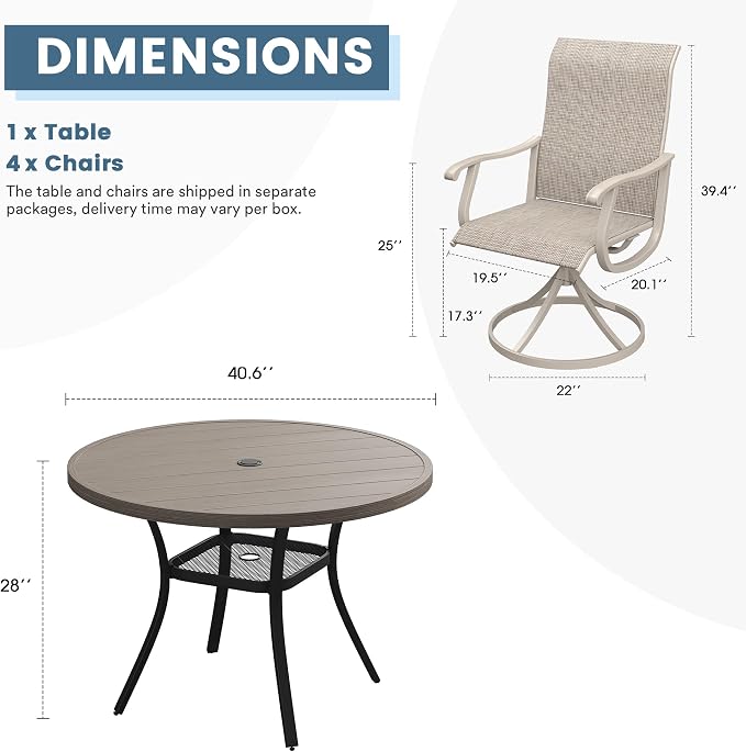 DIFY Outdoor Dining Set for 4, 5 Piece Patio Table and Chairs Set, Swivel Patio Chairs with Sandshell Textilene & 40.6" Grey Wood-Like Round Metal Dining Table with Umbrella Hole, for Garden Backyard