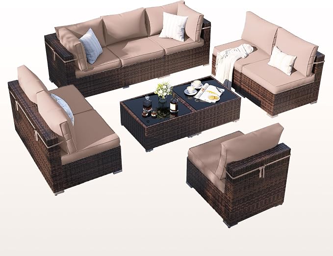 Patio Furniture Set, Modular 10-Piece Patio Conversation Sets with Coffee Table, All-Weather Wicker Outdoor Sectional for Backyard and Balcony, Beige (Waterproof Covers Included)