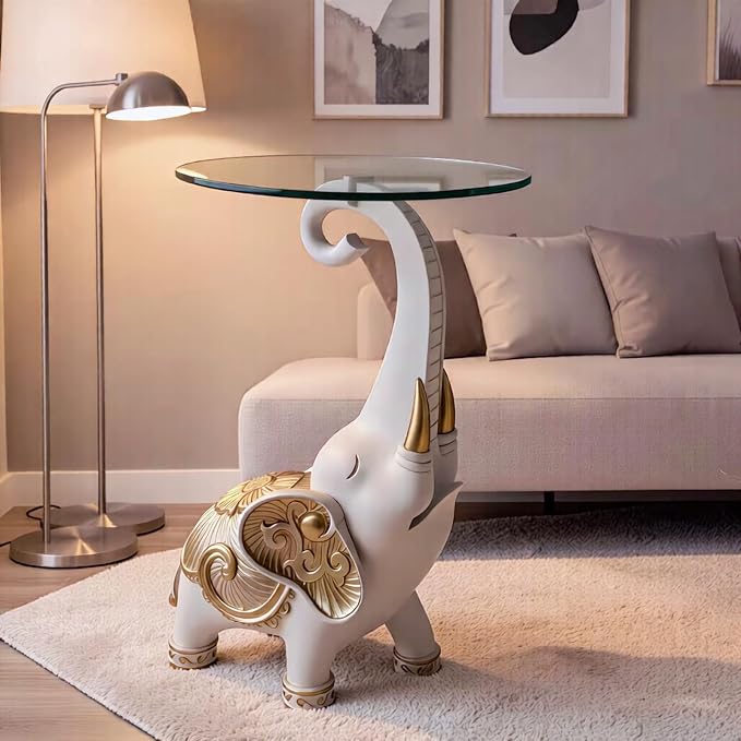 Elephant Side Table with Glass Top, White and Gold, 27.2 Inch