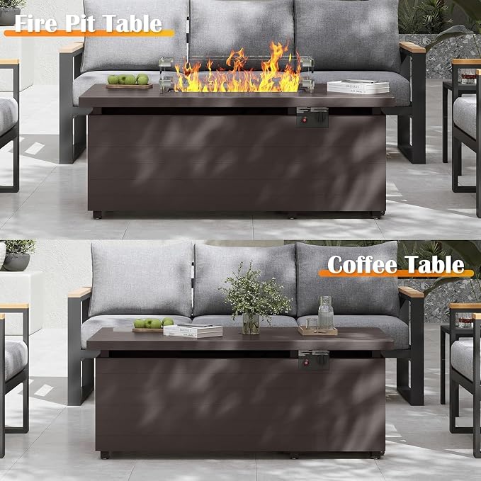 Sundale Outdoor Wicker Patio Furniture Set with Fire Pit, 5 Piece All Weather Outdoor Furniture Set with Swivel Chairs & Couch, High Back Patio Conversation Sets with 6" Cushions for Yard, Deck (Blue)