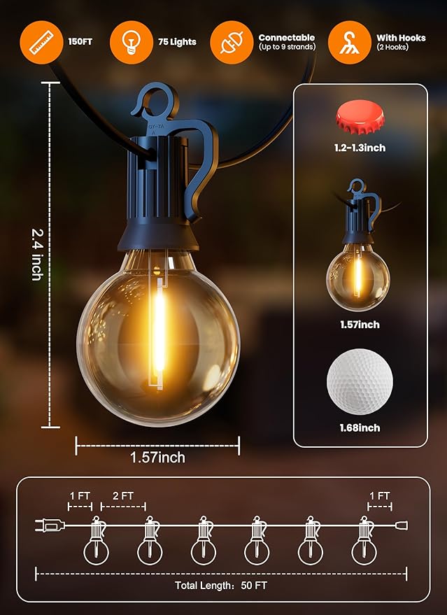 Outdoor String Lights, 159FT 77 LED Bulbs String Lights, IP65 Waterproof Connectable G40 Outside Patio Light for Backyard Porch Balcony Garden Decor Christmas Camping Gazebo