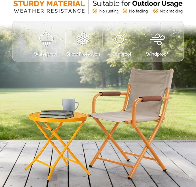 VINGLI Outdoor Folding Side Table with Chic Hollow Pattern and Durable, Rust-Resistant Coated Iron Patio Bistro Table Suitable for Indoor & Outdoor Porch, Deck, Balcony and Pool,Yellow