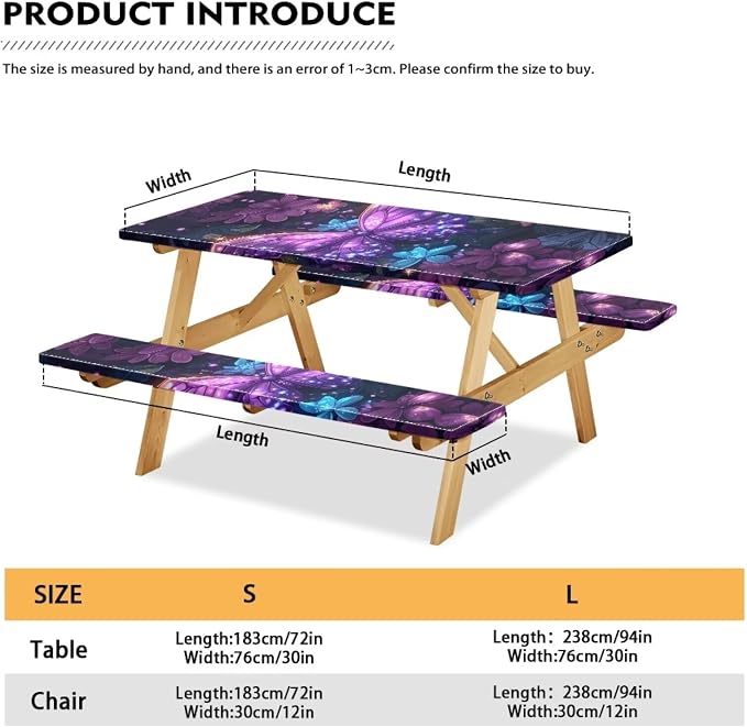 Butterfly Picnic Table Cover with Bench Covers Camping Essentials Outdoor Table and Chairs Decorative Sets Flexible Picnic Table 3 Piece Set Suitable for BBQ Picnic Party Camping