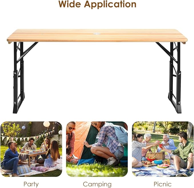 Giantex Folding Picnic Table, 66.5” Outdoor Patio Beer Table with Adjustable Heights, Rectangular Wood Portable Dining Table for Camping, RV, Garden, Party, Backyard, Natural