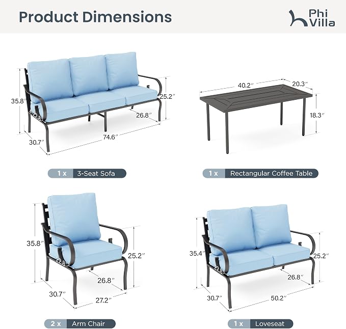 PHI VILLA Patio Furniture Set, a Loveseat, 3-Seater Sofa, 2 Fixed Chairs and a Coffee Table, Outdoor Metal Conversation Set with 5.75" Extra Thick Cushion for Garden Backyard Deck, Blue