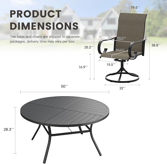 7 Pieces Patio Dining Set, 6 Outdoor Swivel Dining Chairs with 50.1" Round Metal Outdoor Dining Table with Umbrella Hole for Garden Backyard Deck, Mixed Brown & Black