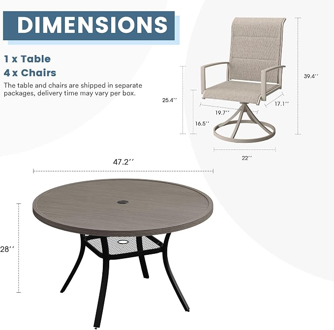 DIFY 5 Piece Outdoor Patio Dining Set for 4, 47.2" Grey Wood-Like Round Metal Dining Table & Swivel Patio Chairs with Sandshell Padded Textilene, All-Weather Outdoor Furniture Set for Garden Backyard
