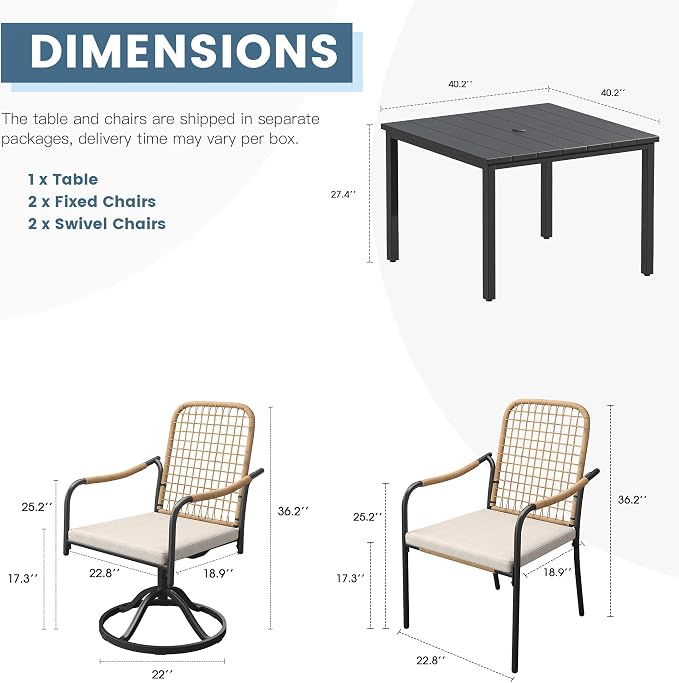 DIFY 5 Pieces Outdoor Dining Set for 4, 40.2" Black Square Metal Table with 2 Stackable Wicker Patio Chairs & 2 Swivel Chairs, Patio Furniture Set with Cushions and Umbrella Hole, Wheat Rattan
