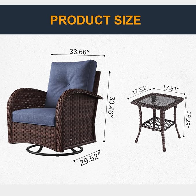 3 Pieces Outdoor Wicker Patio Swivel Rocking Chairs, All Weather Wicker Conversation Set with Side Table
