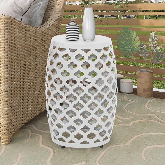 ABBLE Round Patio Outdoor Indoor Lace Cut Steel Side Table, Patio Garden Table, Coffee End Table Nightstand for Small Spaces,Living Room,Front Porch,Poolside, White