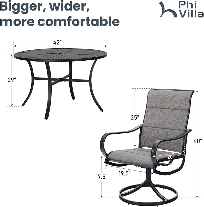 PHI VILLA Outdoor Dining Set for 4 w/Round Table & Padded Swivel Chairs | High back padded chairs,All weather reistant, Metal table, Umbrella hole, 5 piece, Patio deck backyard
