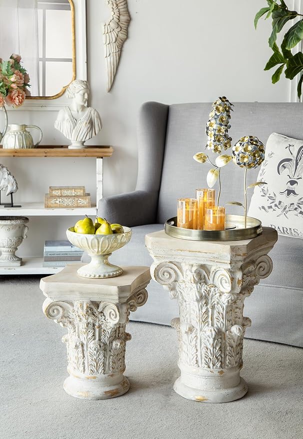 Small Side Table for Living Room, Farmhouse Rustic French Country MGO Pedestal Stand Ornate with Scrollwork Design and Gold Accents, Square Distressed Display Stand White 14x14x17.5