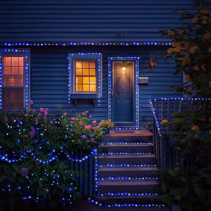 JMEXSUSS 2 Pack Solar Fairy Lights, Each 33FT 100 LED, Blue and White | Outdoor Waterproof, 8 Modes Copper Wire Solar String Lights for Outside Yard Patio Garden Christmas Decorations