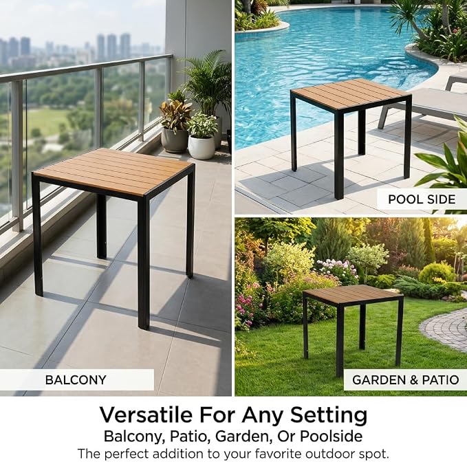 Square Outdoor Patio Table with Alloy Steel Frame and Faux Teak Top, Weather-Resistant Garden Outdoor Dining Table for Balcony,Garden,Patio,Porch, Yard,Poolside