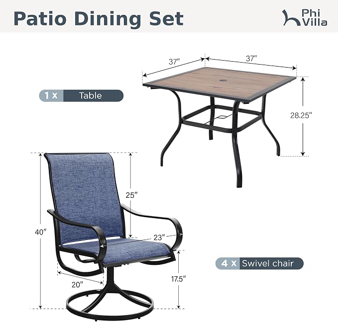 PHI VILLA 5 Pcs Patio Dining Set for 4, Swivel Mesh Chairs, Blue | 4 textilene dining chairs. 37" PVC square table top w/ umbrella hole, all weather E-coated metal frame for outdoor deck lawn