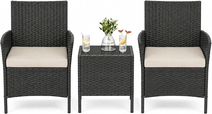 GAOMON 3 Pieces Patio Furniture Sets, Outdoor PE Rattan Porch Chairs with Soft Cushion and Glass Coffee Table, Balcony Furniture Set for Backyard Porch Poolside, Black and Beige