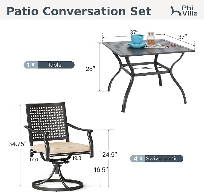 PHI VILLA Patio Dining Set for 4, 37" Metal Table & Swivel Chairs | 5 pcs black wrought iron square furniture set w/ umbrella hole. All weather for outdoor deck, yard, porch