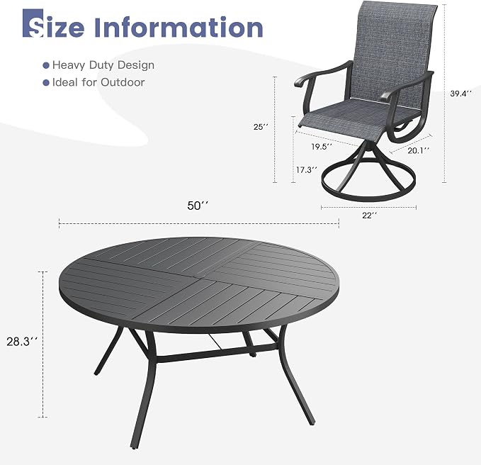 VICLLAX 7 Pieces Patio Dining Set, Patio Furniture Set of 6 Patio Swivel Dining Chairs and 50" Patio Spliced Round Tabletop, Dark Charcoal Chairs & Black Tabletop