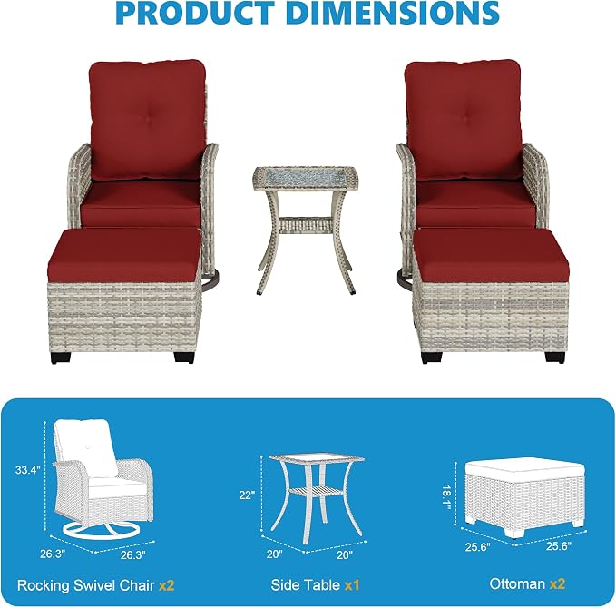 5-Piece Small Patio Furniture Set, Outdoor Swivel Rocking Chairs Set with Ottomans, Patio Bistro Set for Balcony, Deck, Porch, Red