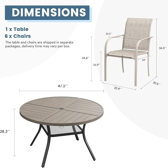 DIFY Patio Dining Set for 6, 7 Piece Outdoor Table and Chairs Set, 47.2" Grey Wood-Like Round Metal Patio Dining Table and 6 Sandshell Textilene Stackable Patio Chairs, for Backyard Garden Poolside