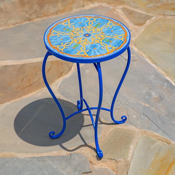 Mosaic Tile Furniture with Blue Metal Frame and Patterned Tile Tops (Naples - Blue/Gold, Pedestal Plant Stand)