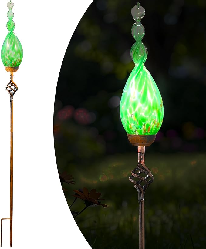 Solar Garden Stakes, Garden Solar Lights with LED Flame, Hand Blown Glass Decorative Garden Stakes, Weatherproof Outdoor Yard Porch Decor