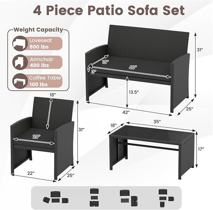 HAPPYGRILL 4 Piece Rattan Wicker Patio Conversation Set, Outdoor Furniture with Chair Loveseat Table & Cushion, for Backyard Porch Balcony (1, Black & Black)