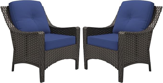 Patio Wicker Chair Set of 2 with High Back, All Weather PE Wicker Chair with Waterproof Cushion for Porch, Backyard, Balcony, Deck