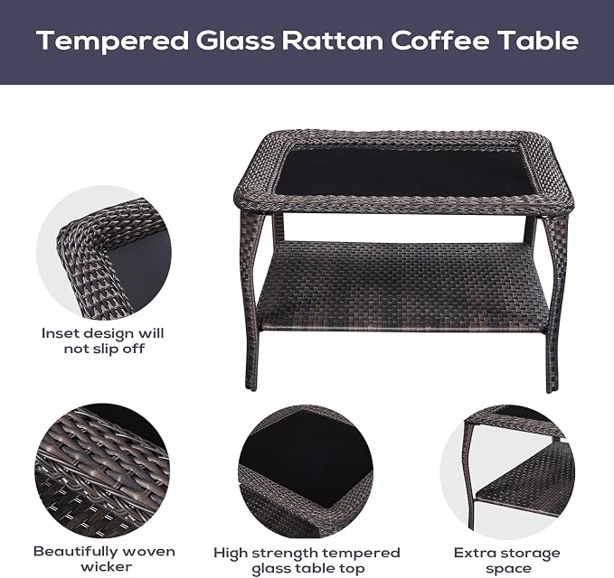 Belord Patio Furniture Set 6 Seats, Outdoor Swivel Rocker Patio Chairs, Oversized Outdoor Sectional Couch, Two 3-Seater Sofas with Coffee Table, Ideal for Porch, Deck, Brown Wicker/Blue