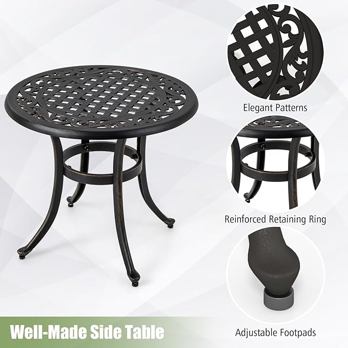 Tangkula 24 Inch Patio Side Table Set of 2, Cast Aluminum End Table with Adjustable Footpads, Outdoor Small Coffee Table, Round Metal Patio Table for Poolside, Backyard, Balcony (2, Black)