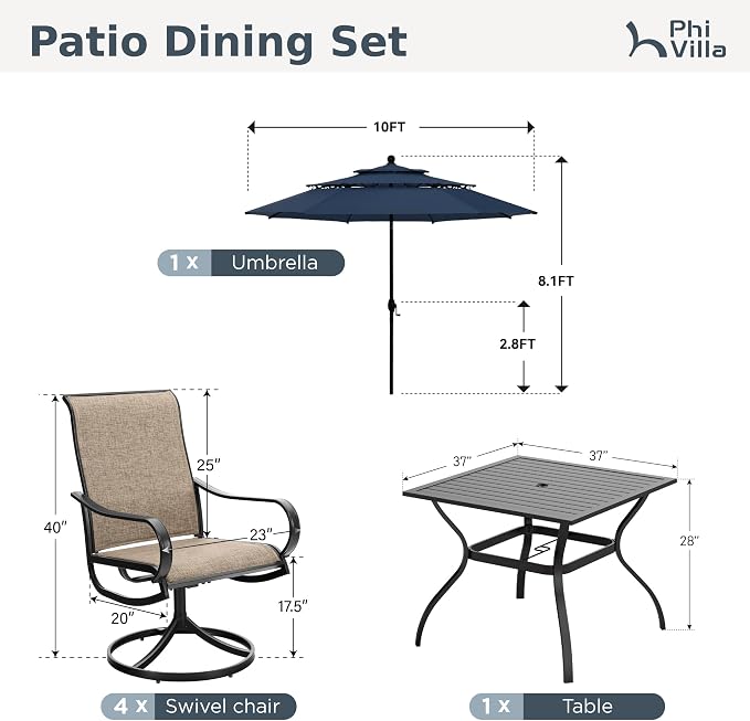 PHI VILLA Patio Furniture Set with Umbrella for 4,Swivel Mesh Dining Chairs | Includes 1 square metal table, 4 breathable textilene chairs and 10ft Navy Blue umbrella, designed for deck, backyard, garden