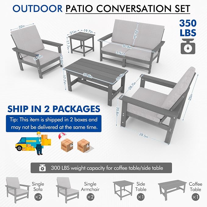 3-Piece HDPE Patio Furniture Set, All-Weather Outdoor Sectional Sofa Set with Coffee Table, Wood-Like Composite Conversation Couch for Deck, Lawn, Balcony - Grey Frame