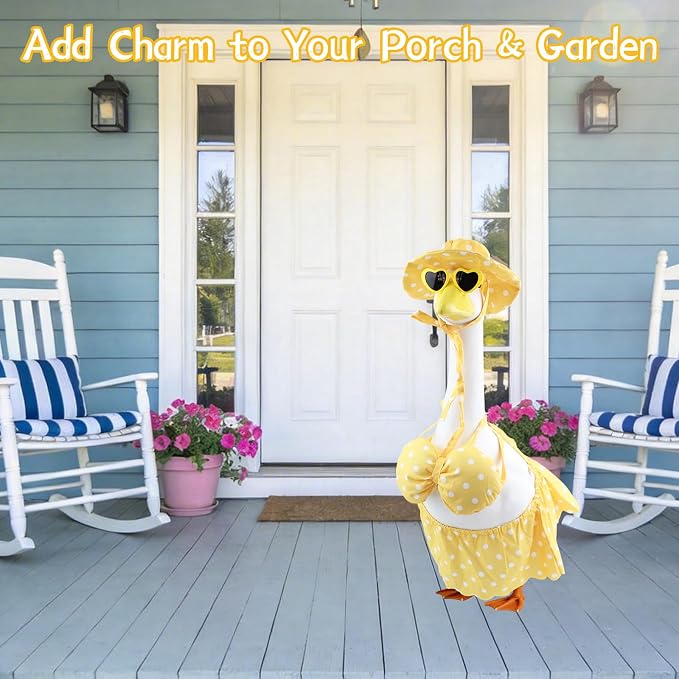 Summer Bikini Porch Goose Outfits – Yellow Swimsuit Goose Clothes with Sun Hat & Heart Sunglass, Cute Patio Lawn Garden Decor for 23 Inch Lawn Goose